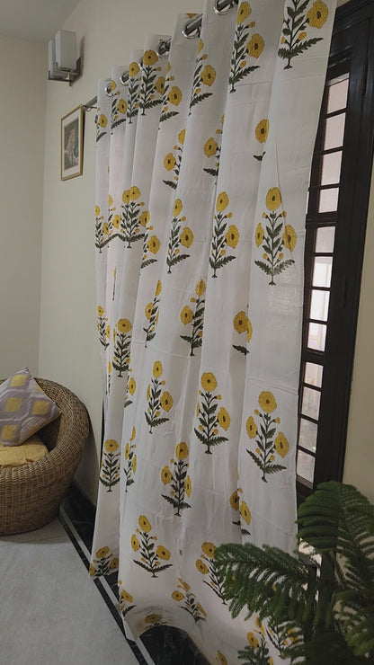 Hand block printed curtain_white&yellow